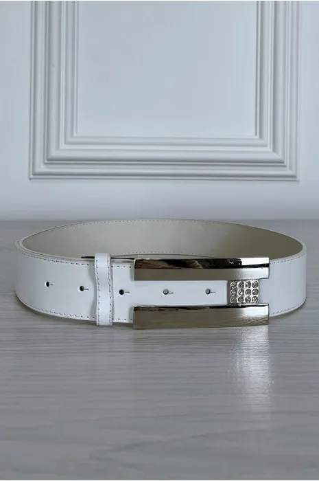 Ceinture blanche en simili avec boucle argenté avec strass