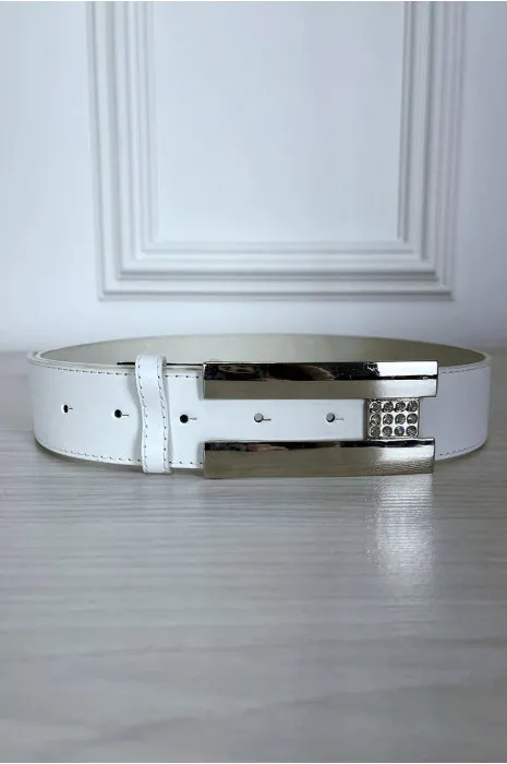 Ceinture blanche en simili avec boucle argenté avec strass