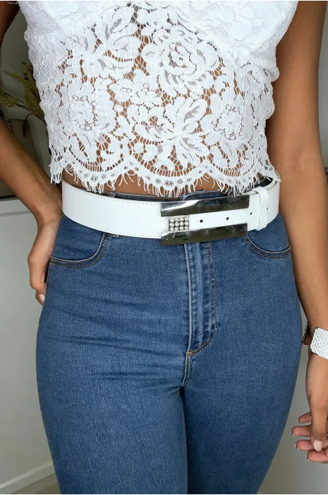 Ceinture blanche en simili avec boucle argenté avec strass