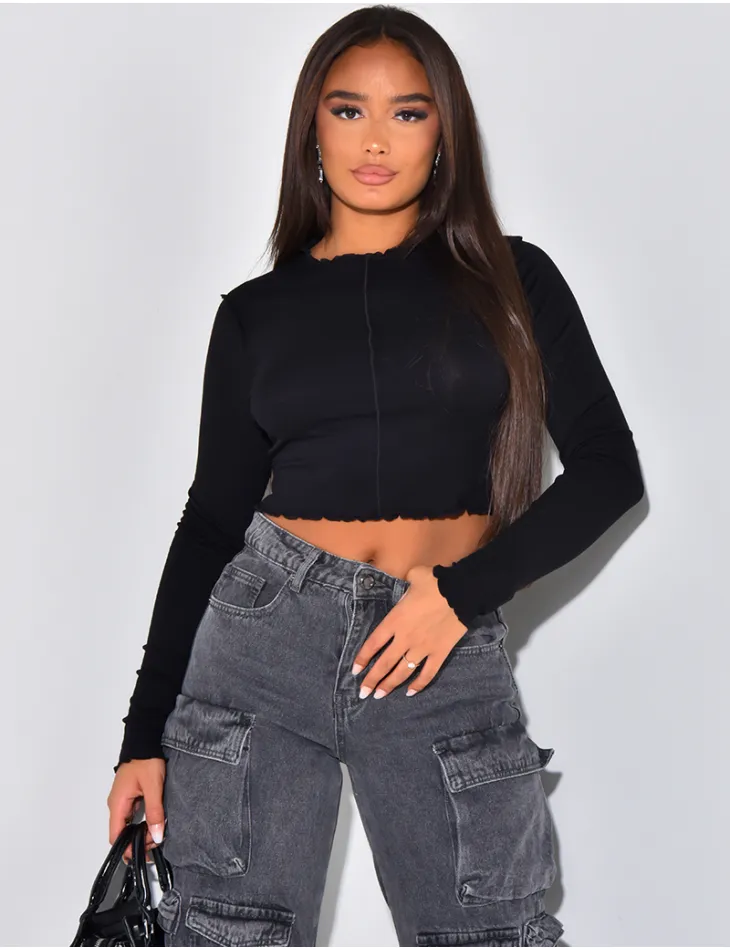 Crop top manches longues à coutures apparentes / 57631 - JEANS INDUSTRY