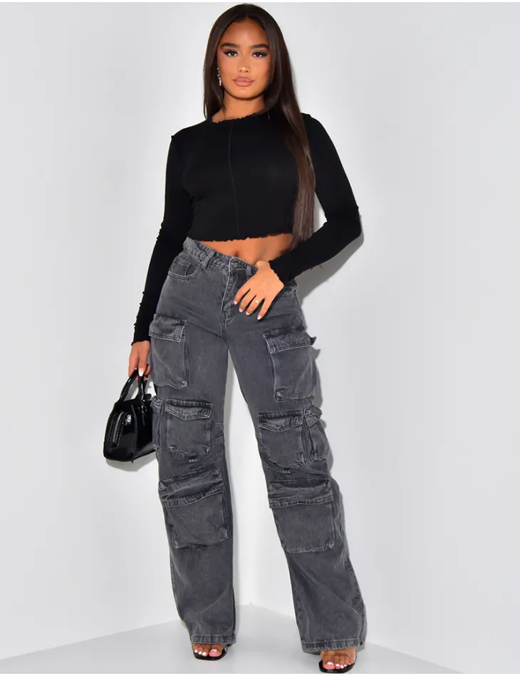 Crop top manches longues à coutures apparentes / 57631 - JEANS INDUSTRY