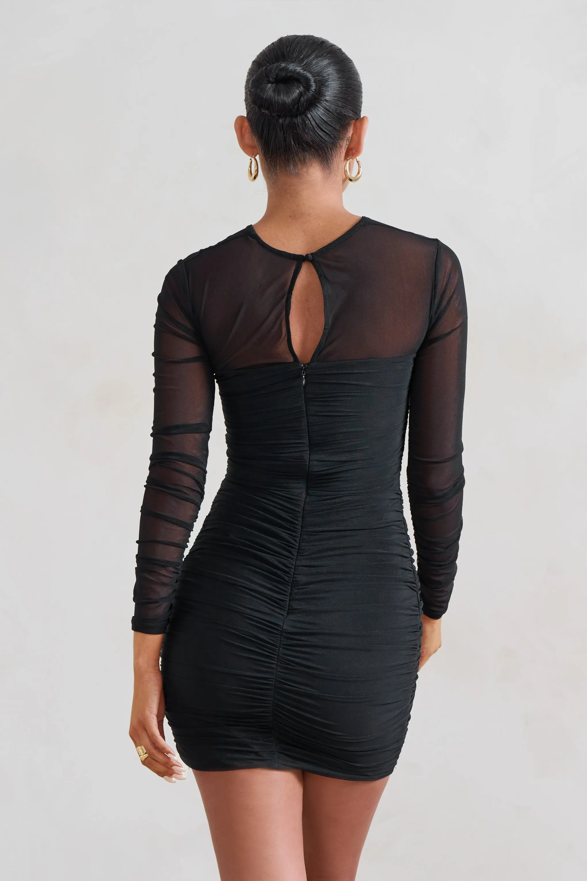 Daiquiri | Mini-robe en maille noire froncée à découpes et manches longues