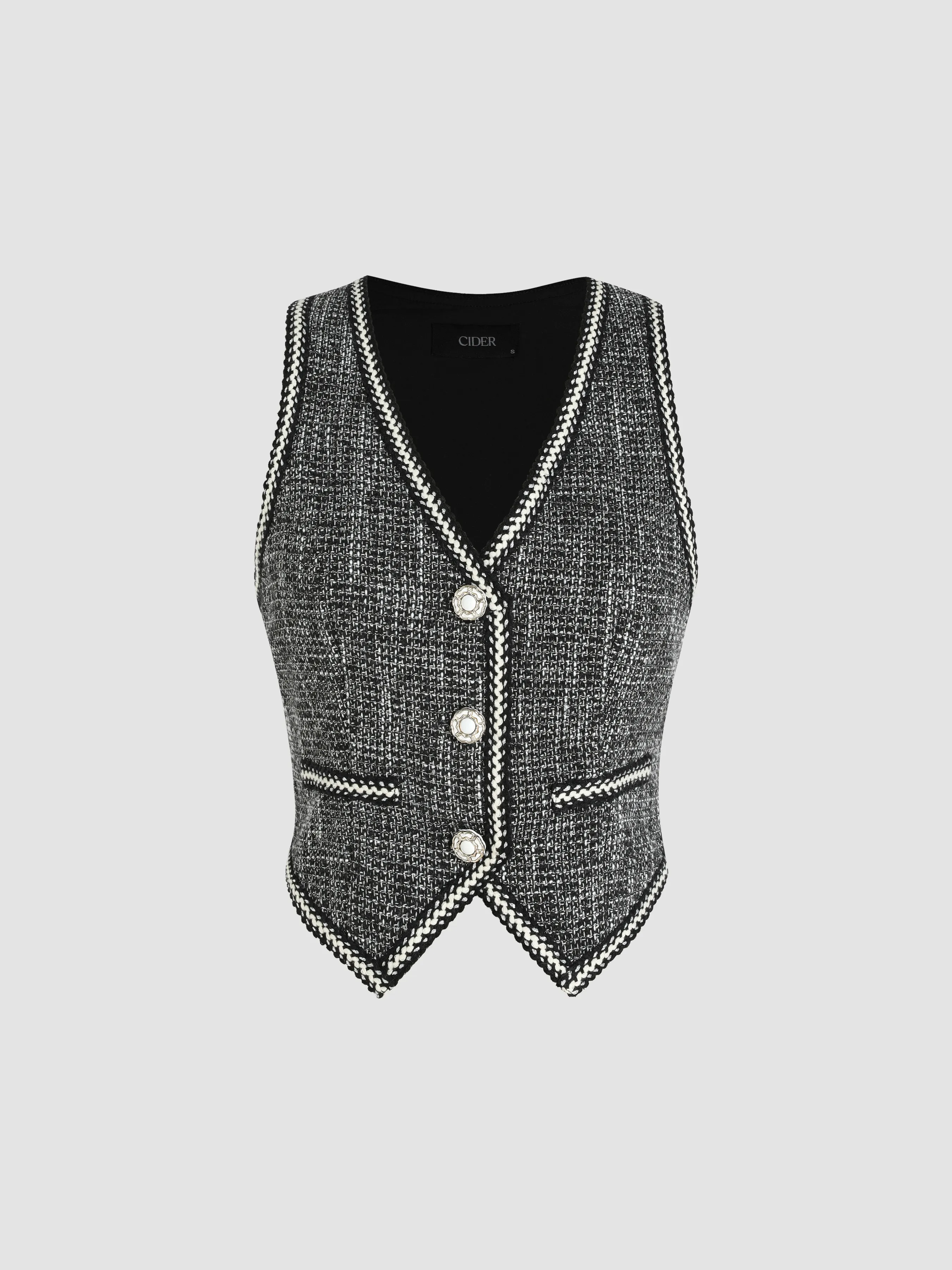  Gilet Crop Bouton Uni en Tweed à Col V