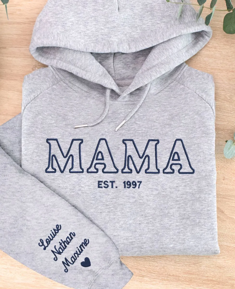 Hoodie femme Mama et prénoms des enfants sur la manche