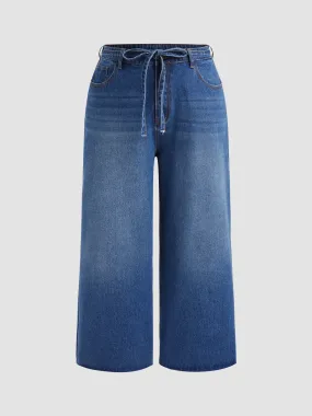  Jeans Denim Taille Haute avec Ceinture Noeud Papillon et Jambe Large Curve & Plus