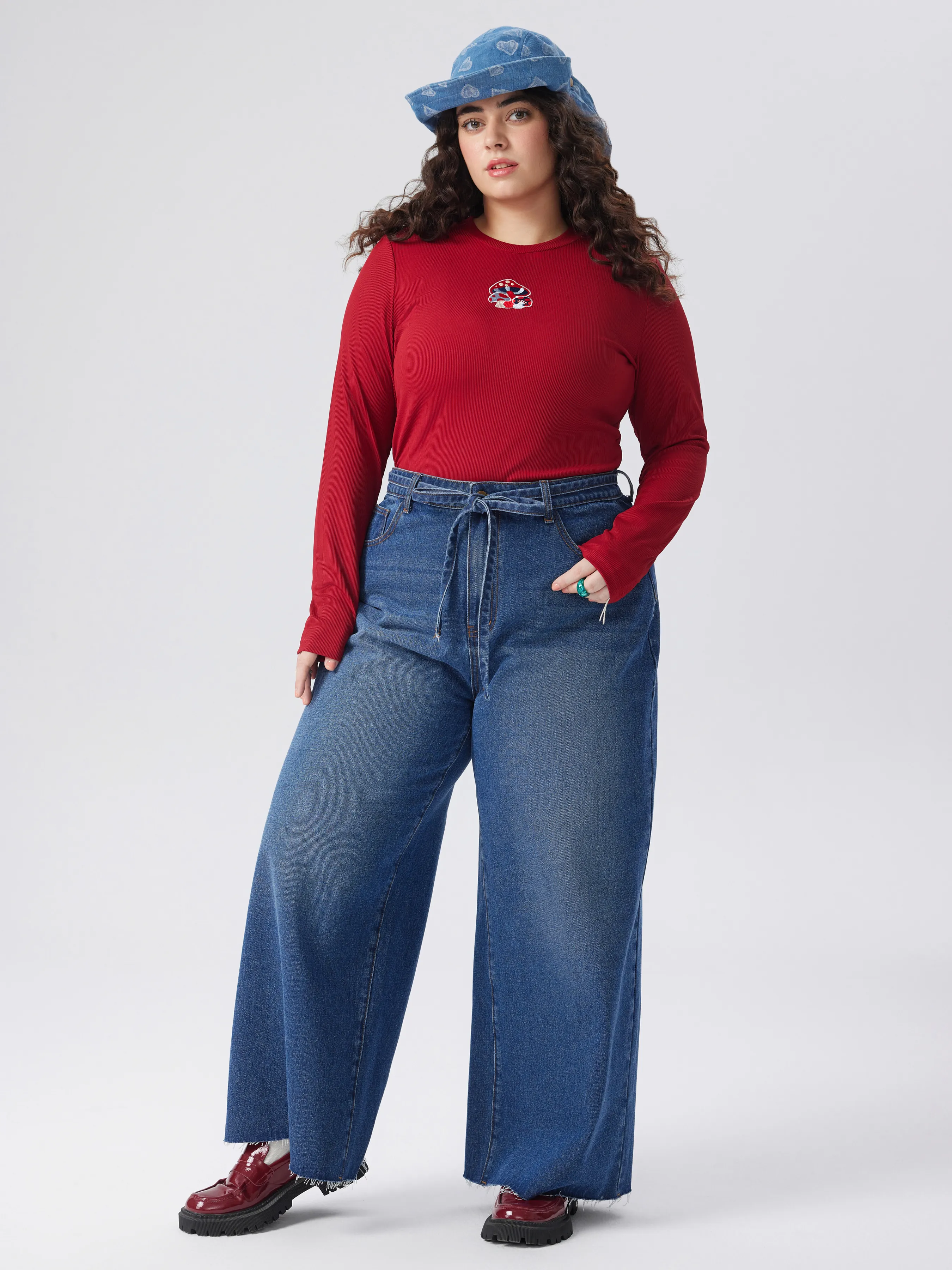  Jeans Denim Taille Haute avec Ceinture Noeud Papillon et Jambe Large Curve & Plus