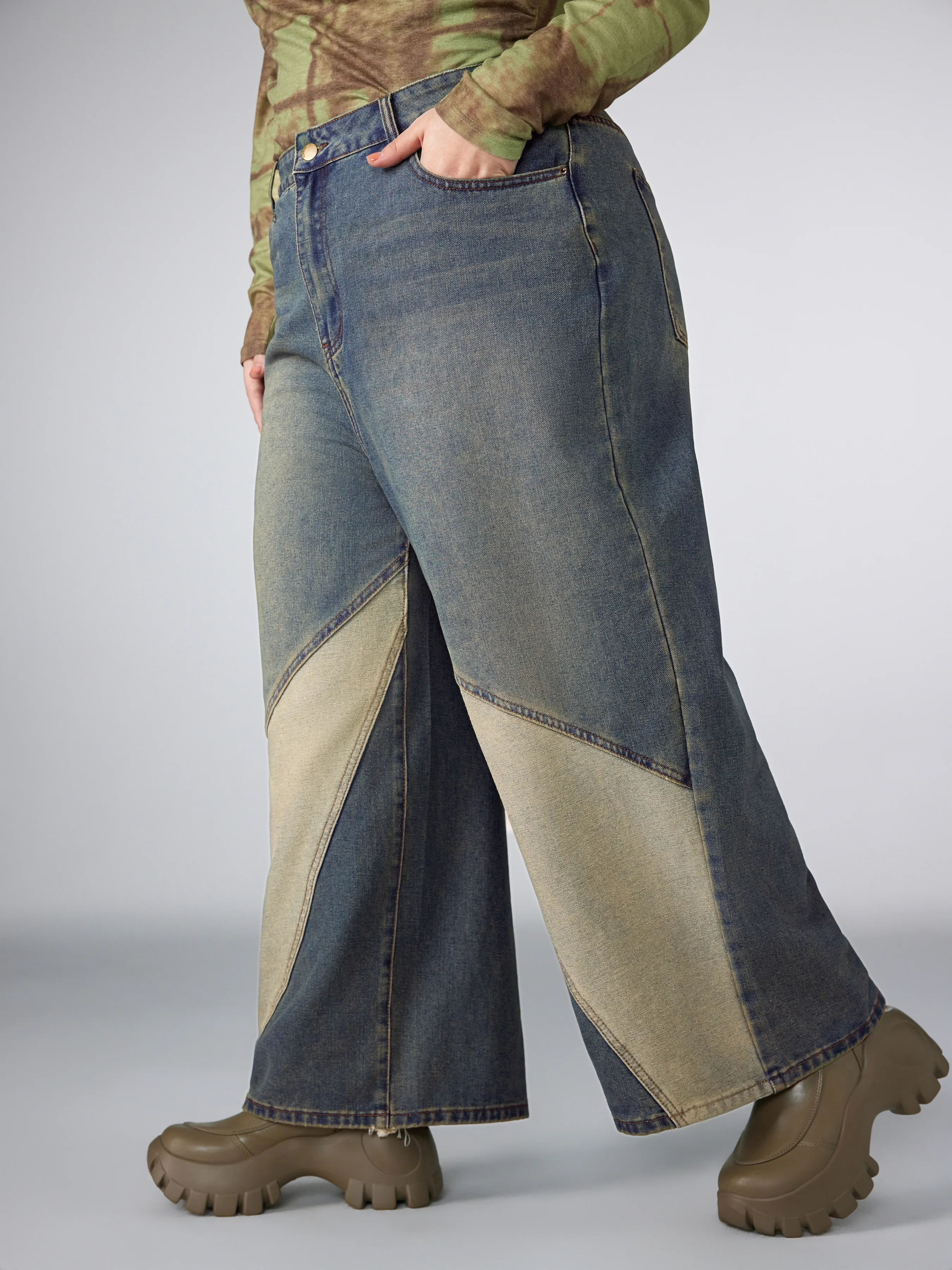  Jeans Denim Taille Moyenne Large Patché Curve & Plus