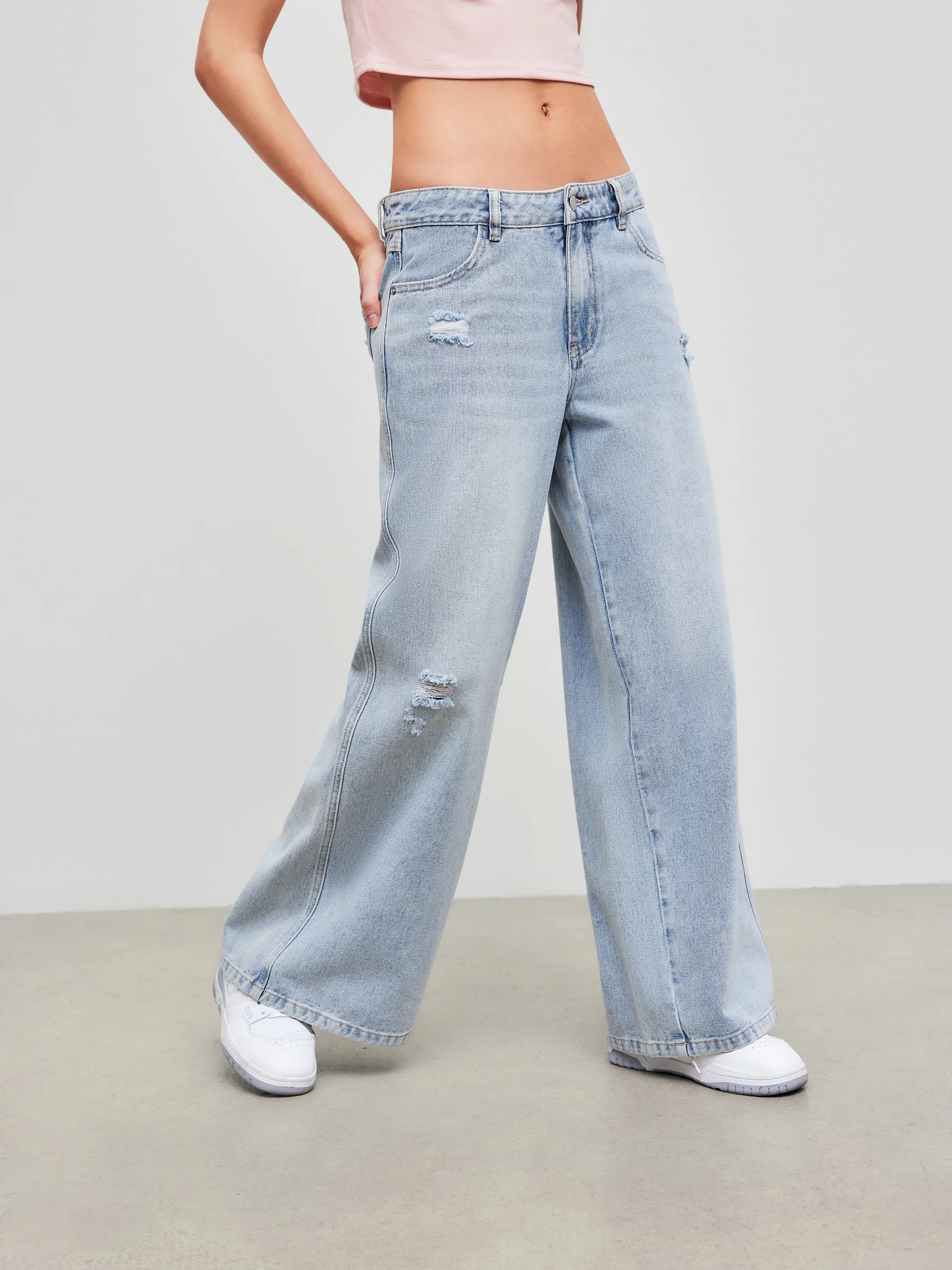  Jeans larges à taille mi-haute en denim uni