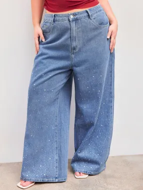  Jeans à jambes larges à poche en strass solide à taille moyenne Curve & Plus