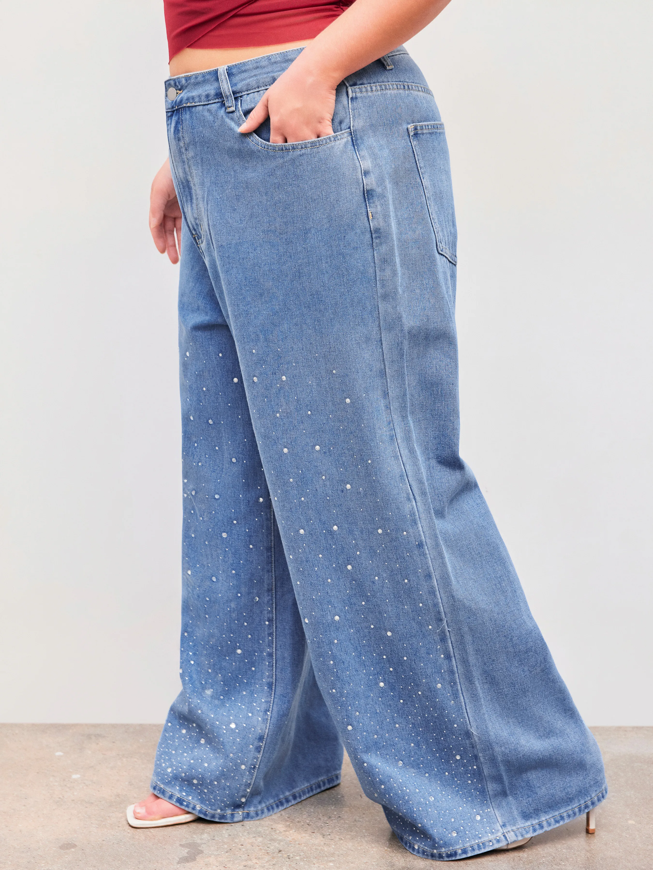  Jeans à jambes larges à poche en strass solide à taille moyenne Curve & Plus