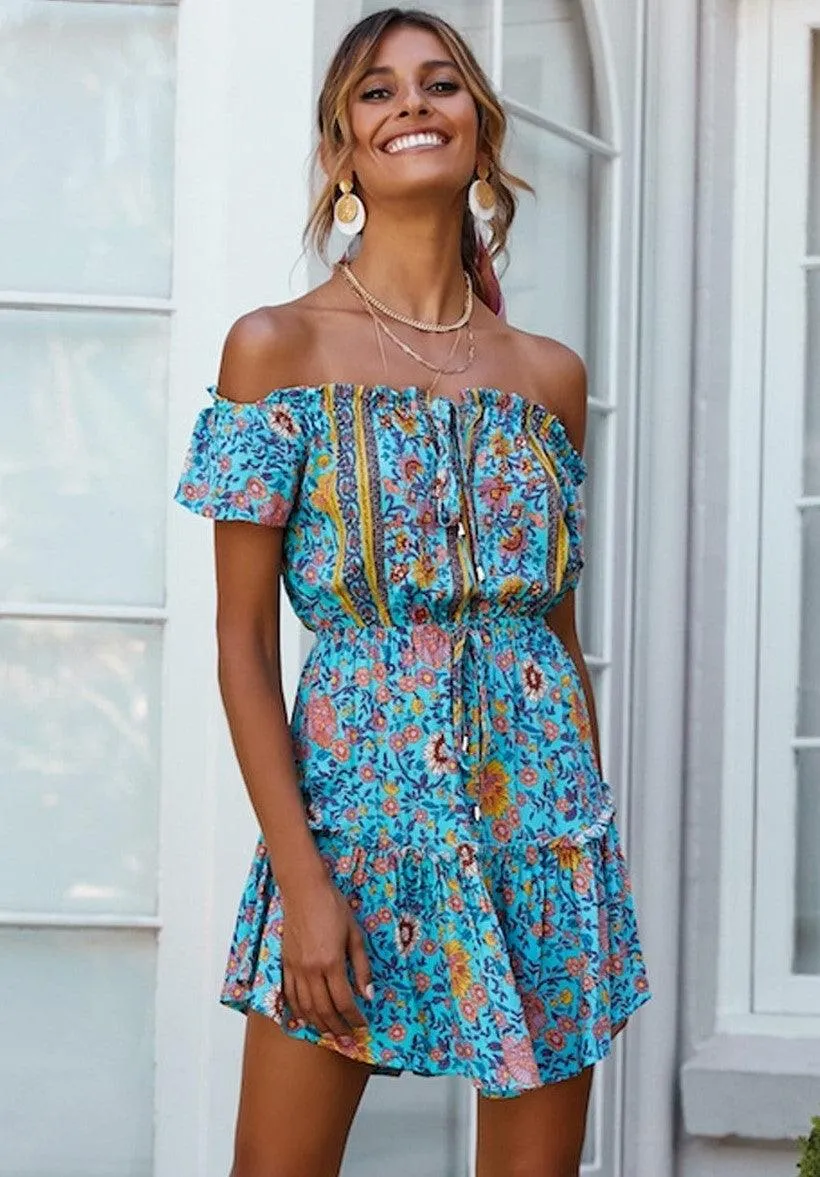 Mini Robe Boho Turquoise épaules Dénudées