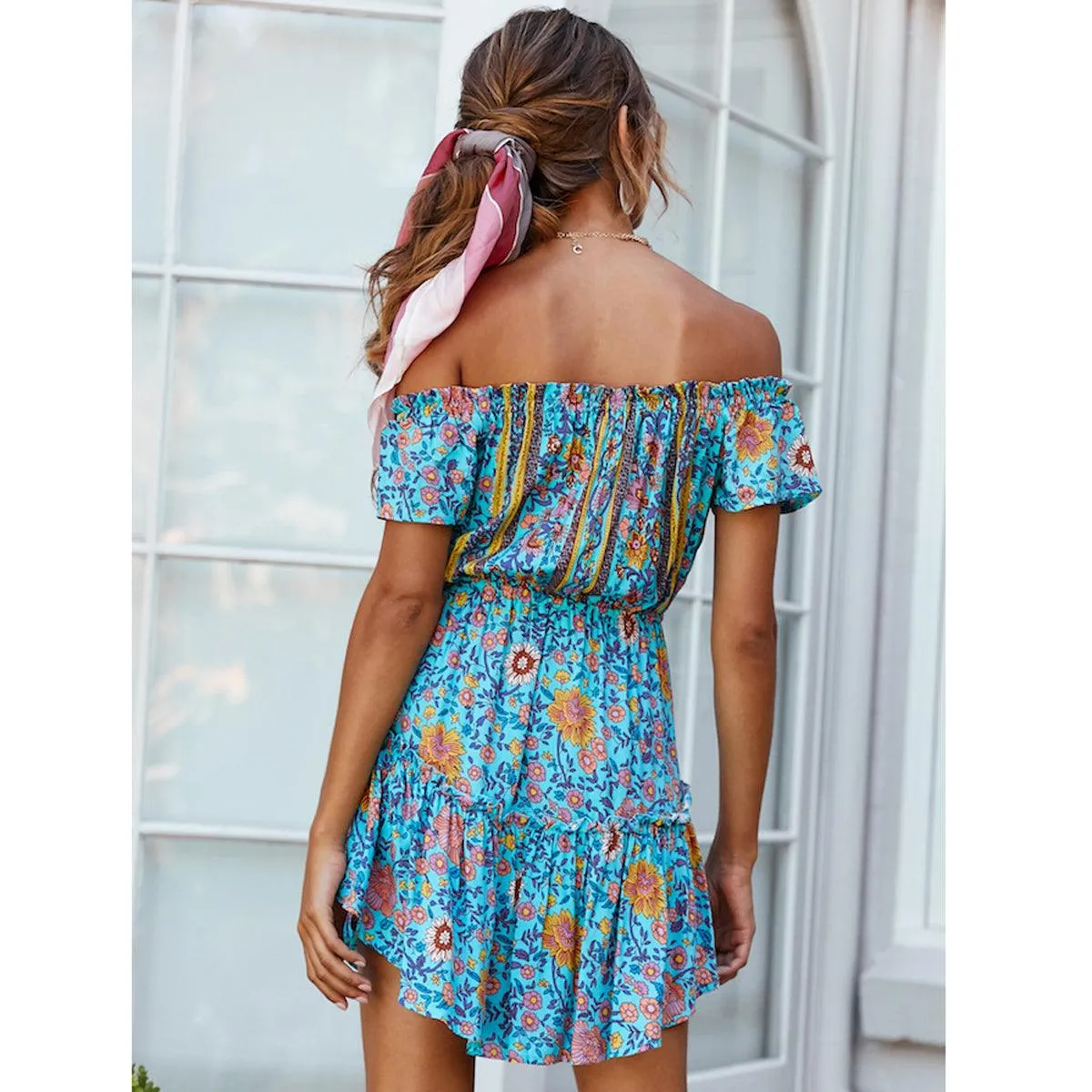 Mini Robe Boho Turquoise épaules Dénudées