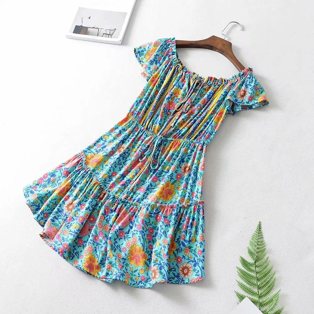 Mini Robe Boho Turquoise épaules Dénudées