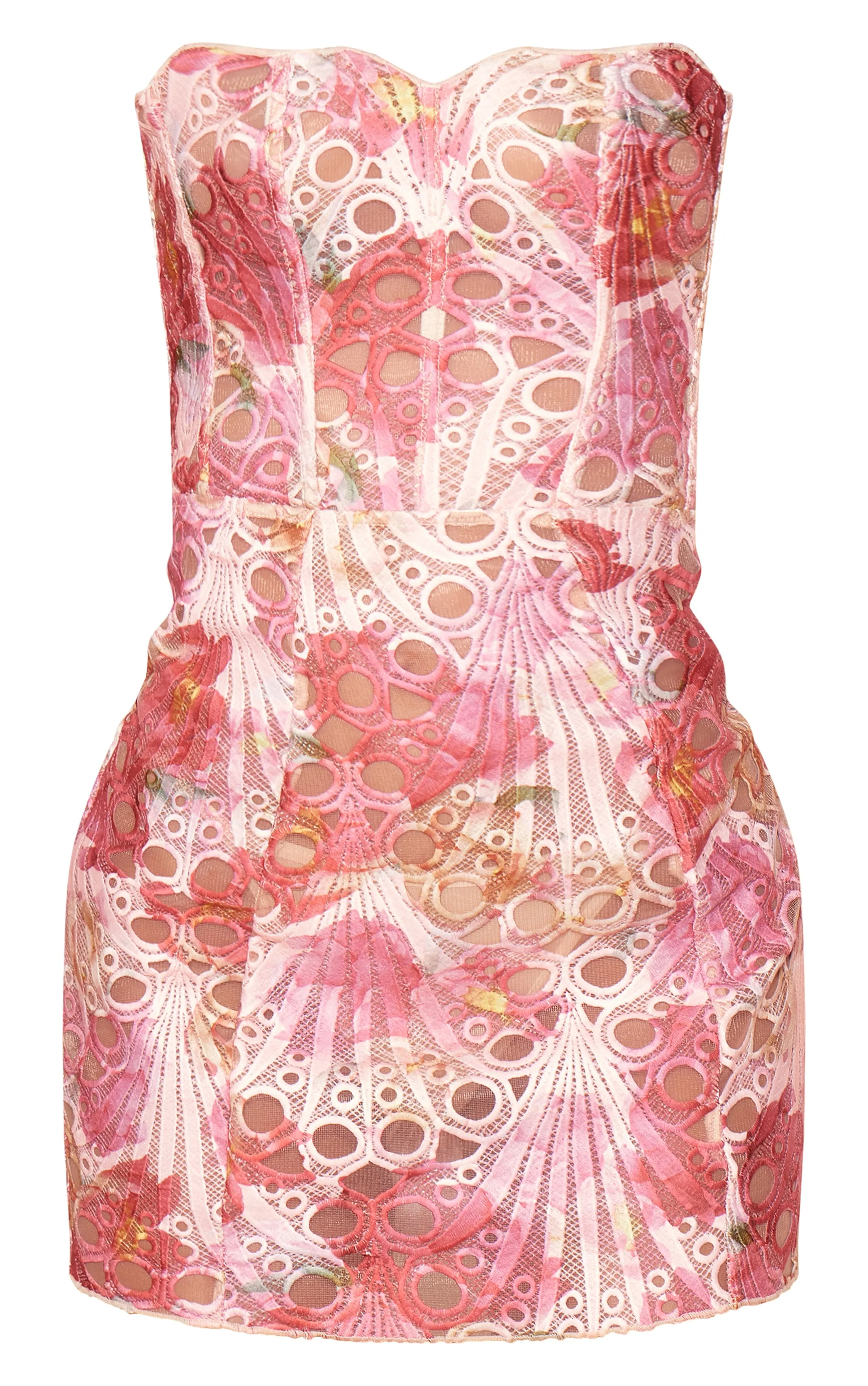 Mini-robe bustier texturée fleurie rose à détail bonnets