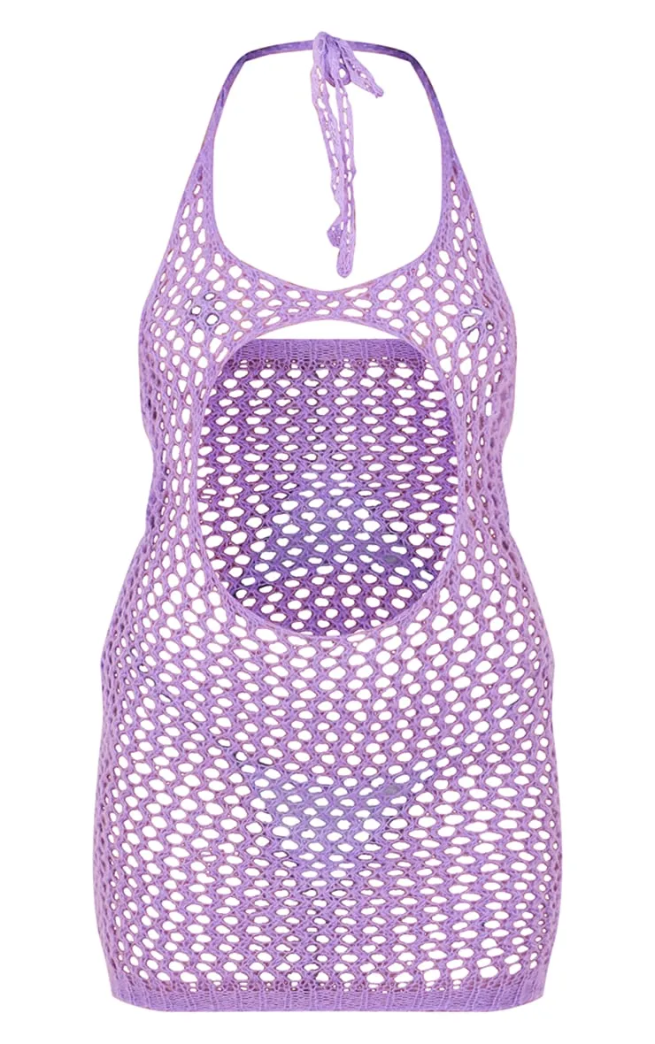 Mini robe dos nu en maille ajourée violette