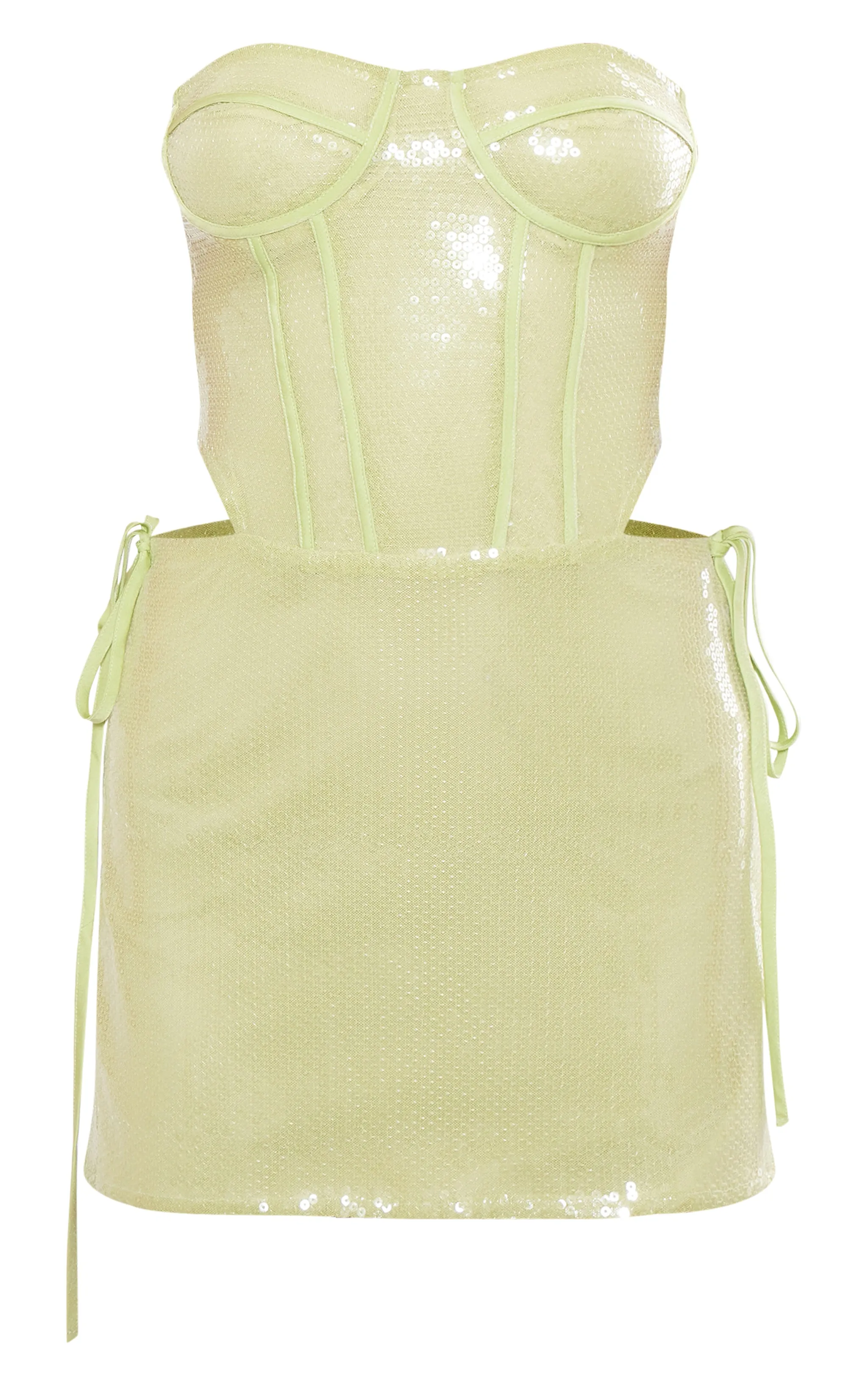 Mini-robe vert citron clair découpée à corset et losanges