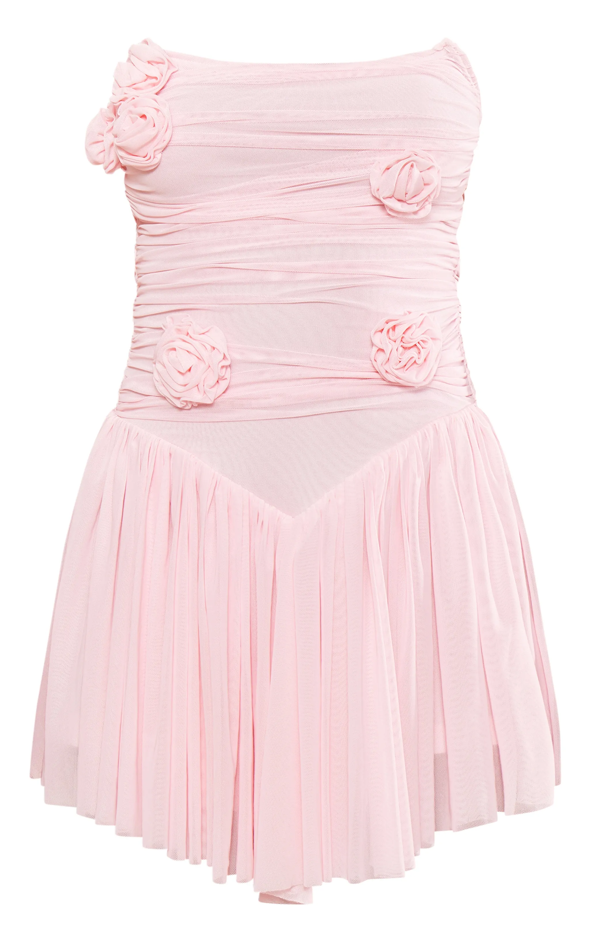 Petite Mini-robe bustier moulante rose tendre à détail roses