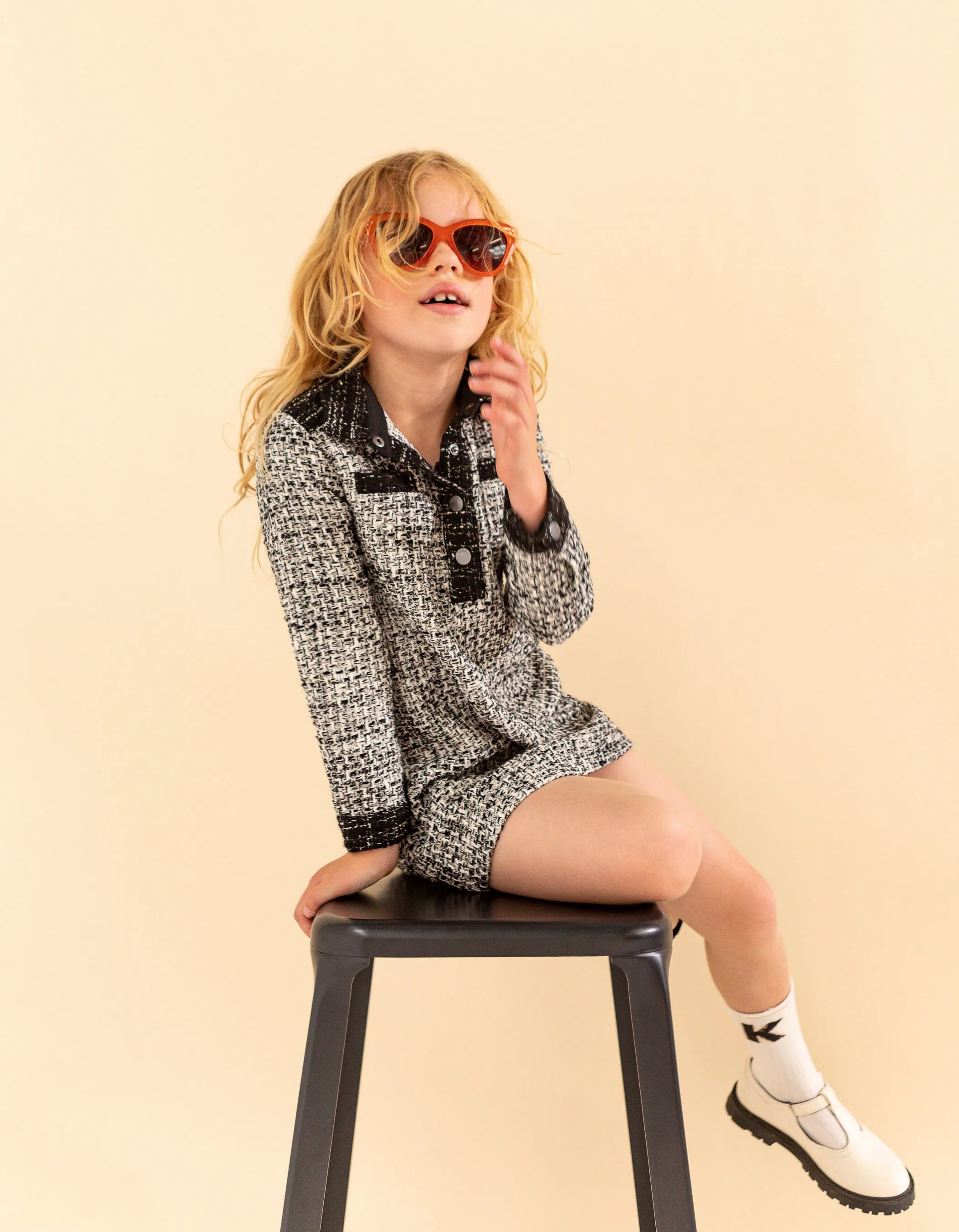 Robe chemise écrue façon tweed mini me fille