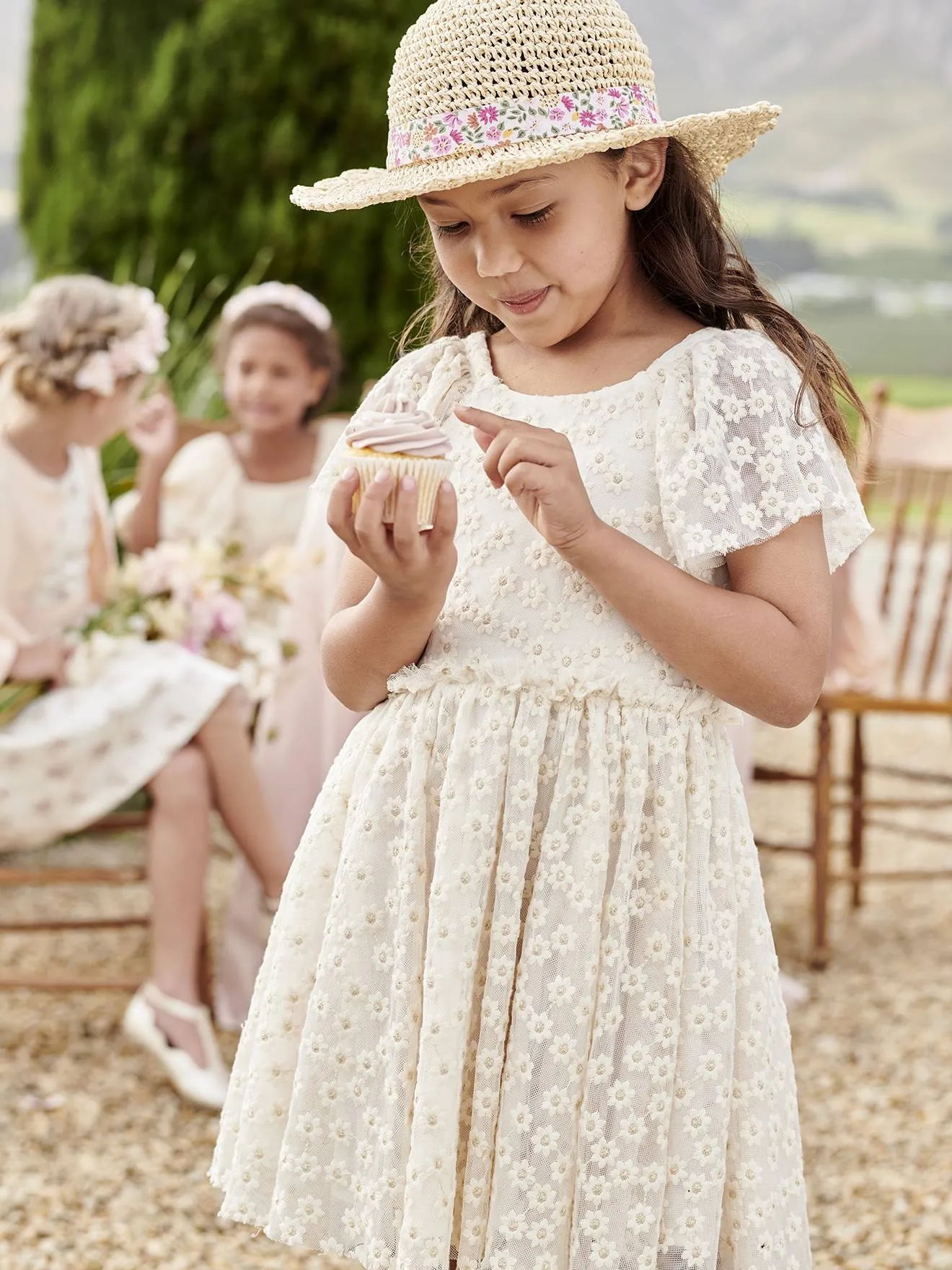 Robe cérémonie en tulle brodé fleurs fille vanille - Vertbaudet