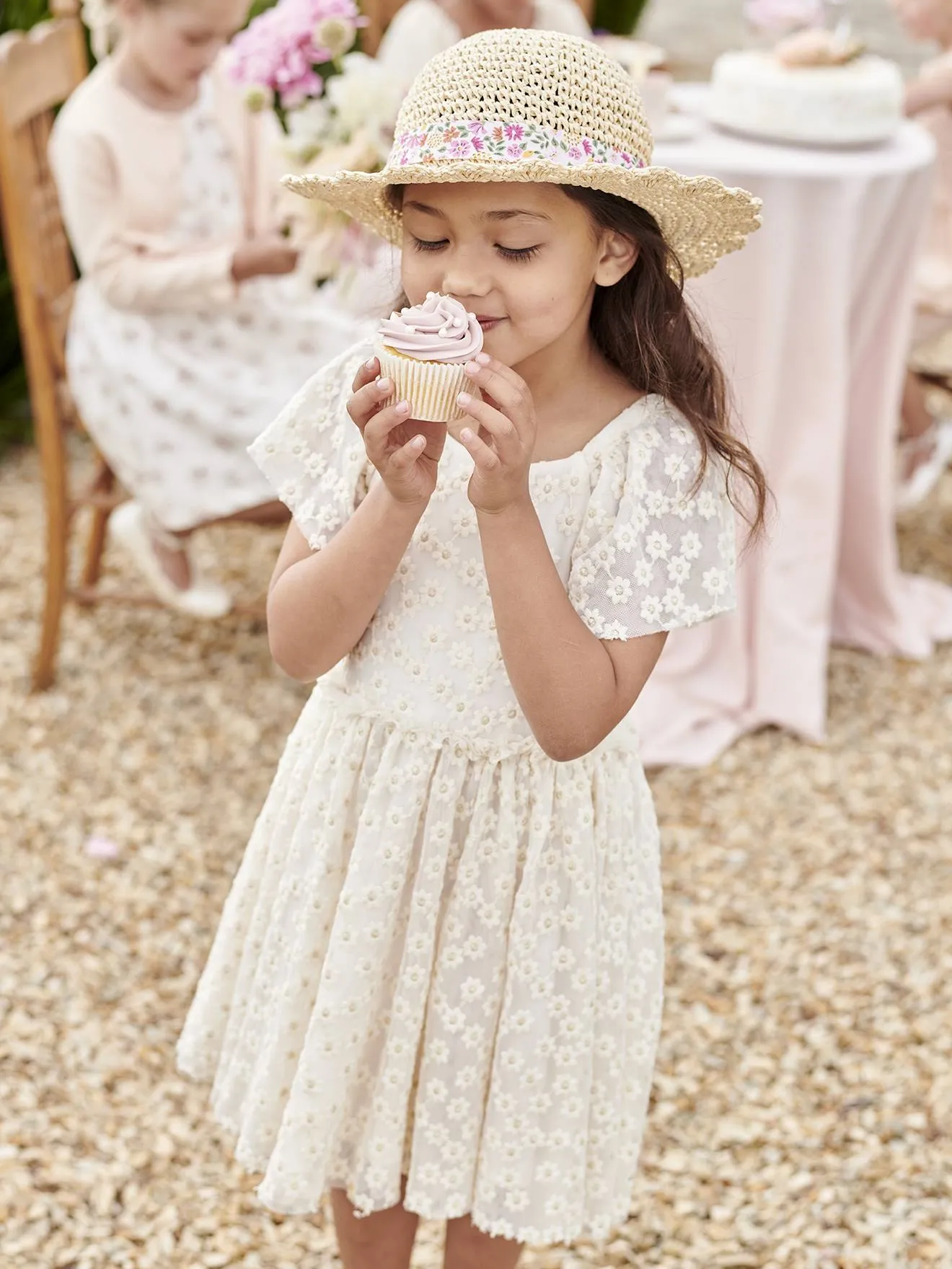 Robe cérémonie en tulle brodé fleurs fille vanille - Vertbaudet