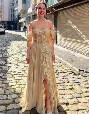 Robe De Soirée Longue Et Sans Bretelles En Champagne