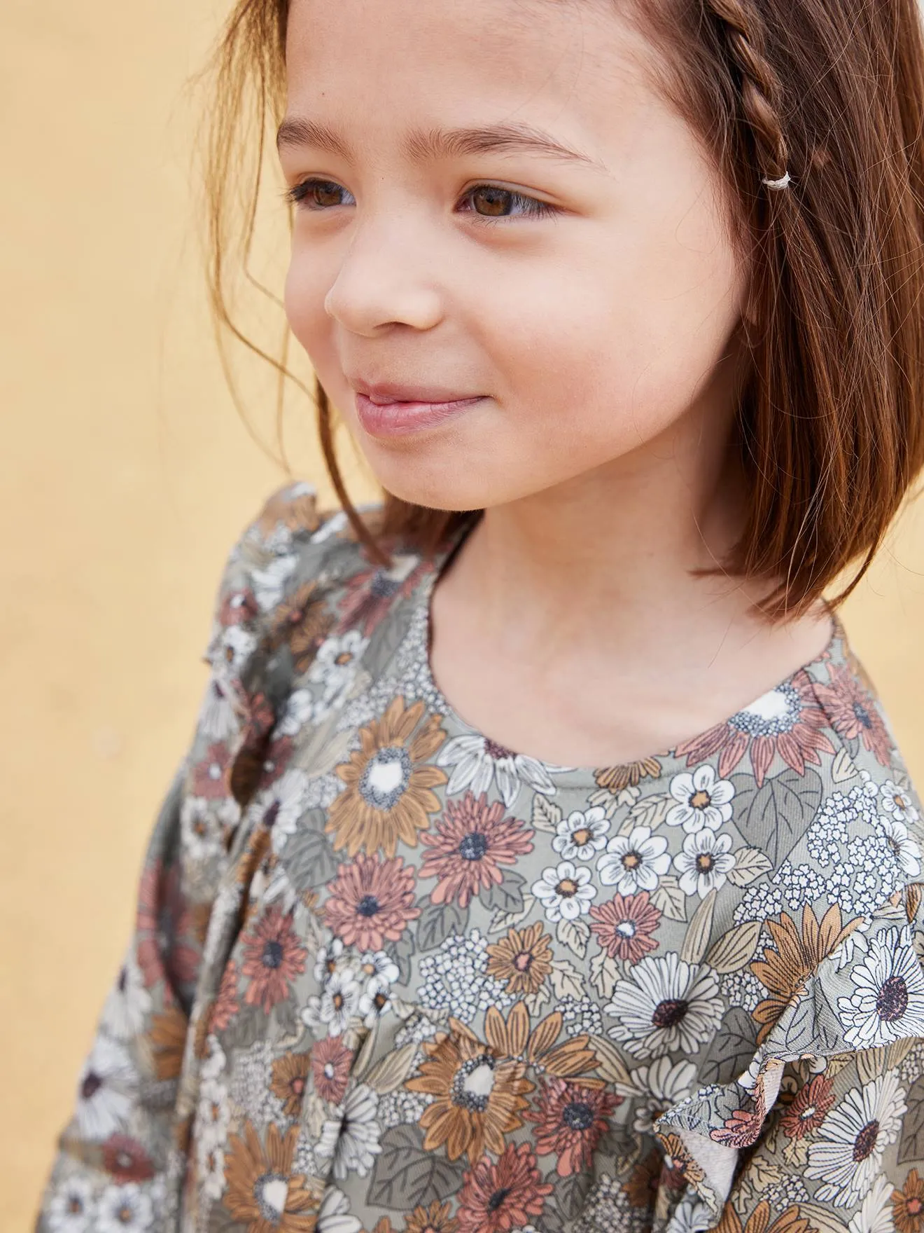 Robe imprimée fleurs manches volantées fille vieux rose - Vertbaudet