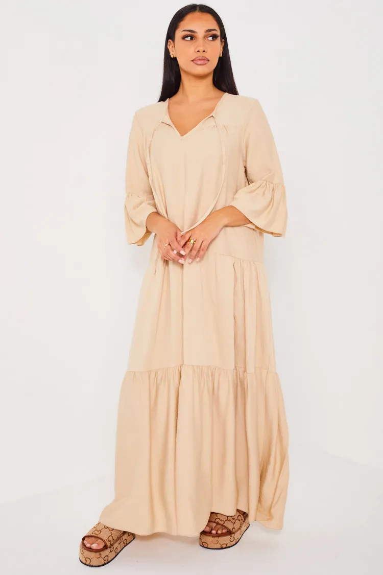 Robe longue évasée beige