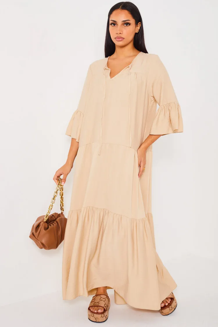 Robe longue évasée beige