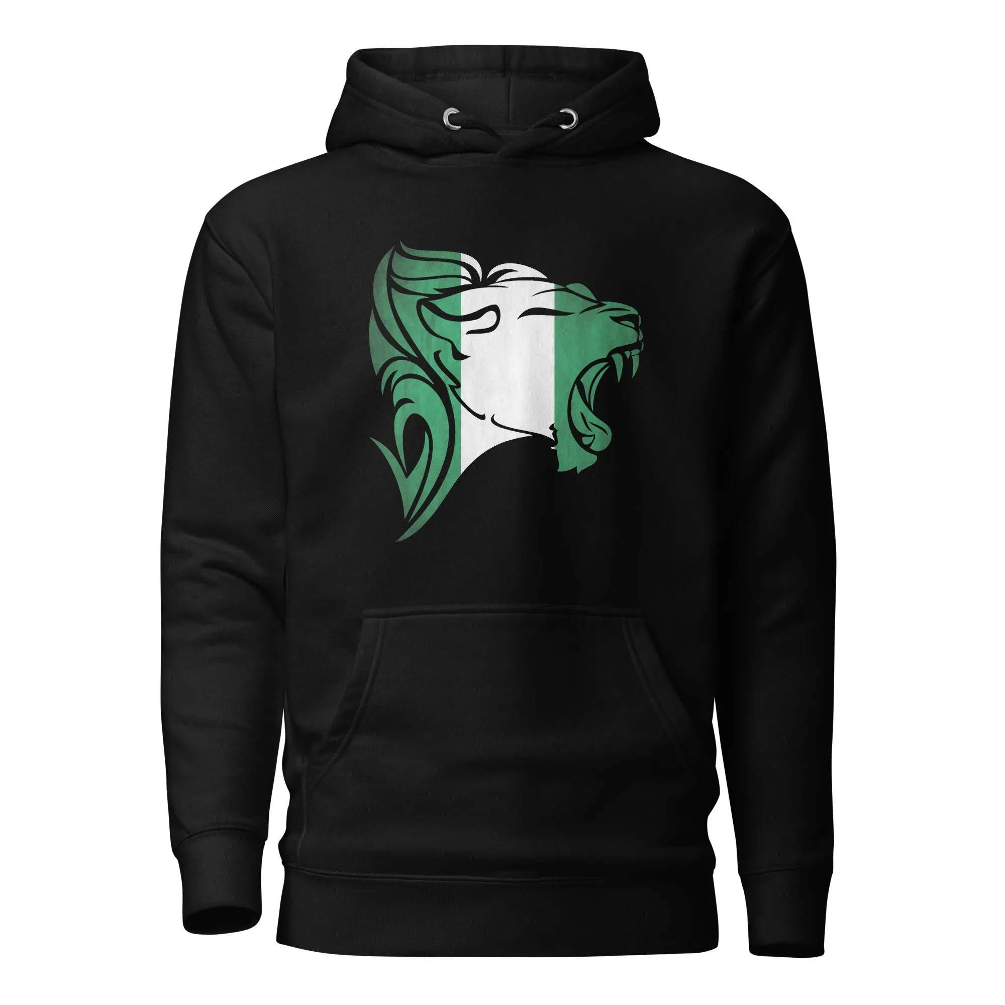 Sweat à capuche - Unisex - Roaring Lion in Nigeriad flag D026 (Hoodie in Black or Grey)