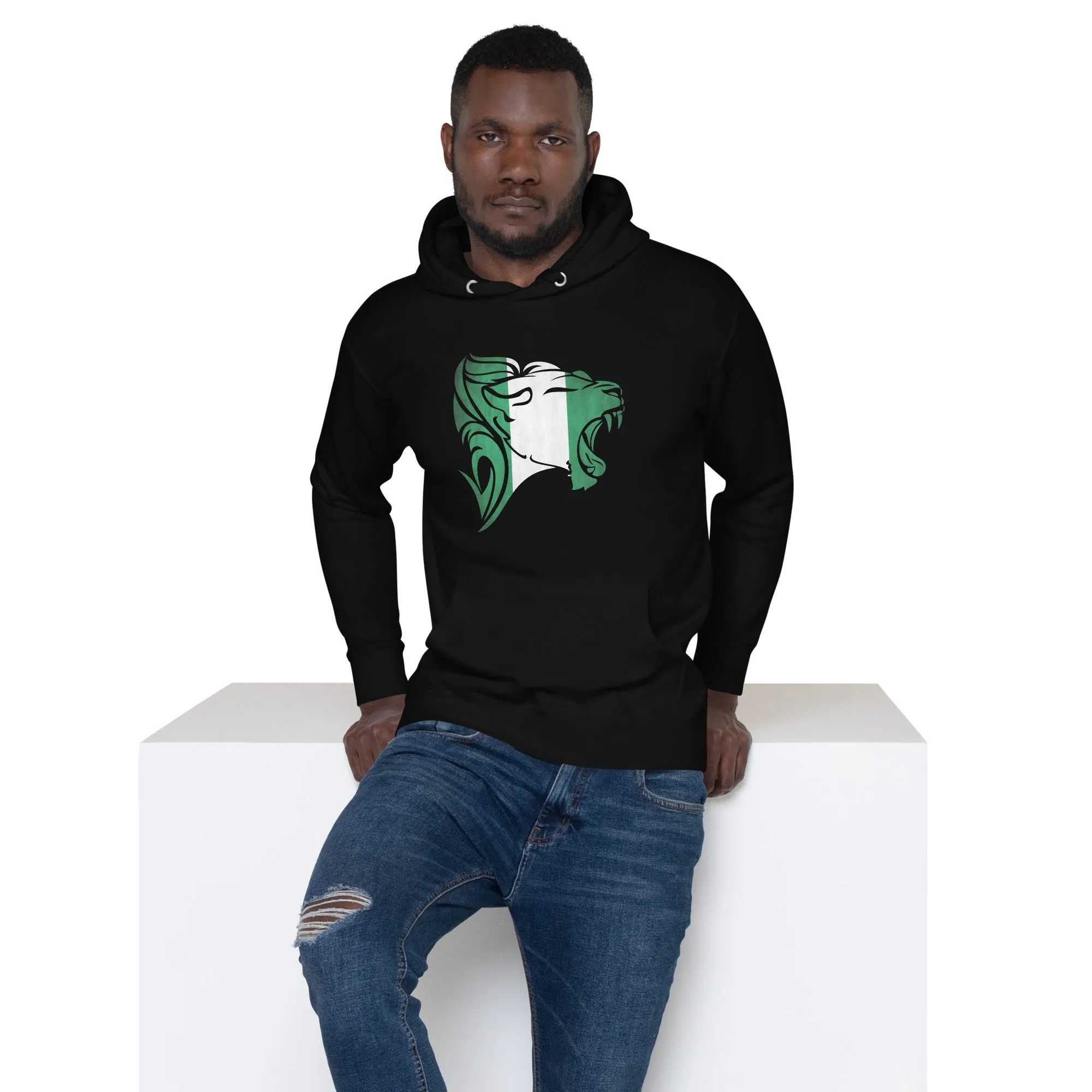 Sweat à capuche - Unisex - Roaring Lion in Nigeriad flag D026 (Hoodie in Black or Grey)