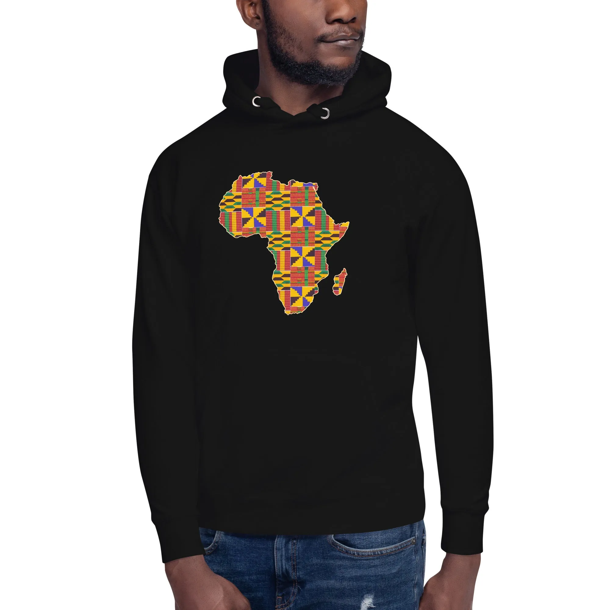 Sweat à capuche - Unisexe - Continent Africain en imprimé Kente D001 (Hoodie Noir ou Blanc)