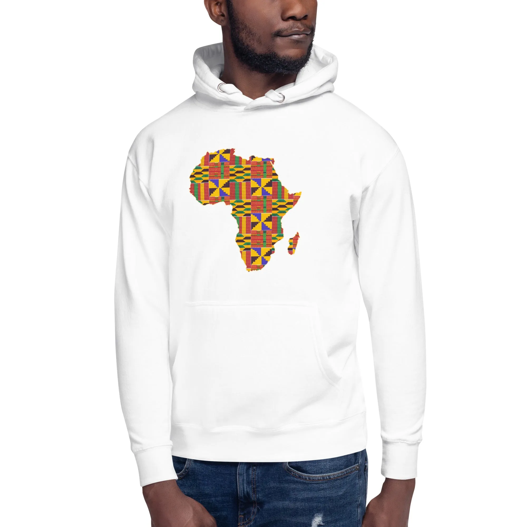 Sweat à capuche - Unisexe - Continent Africain en imprimé Kente D001 (Hoodie Noir ou Blanc)