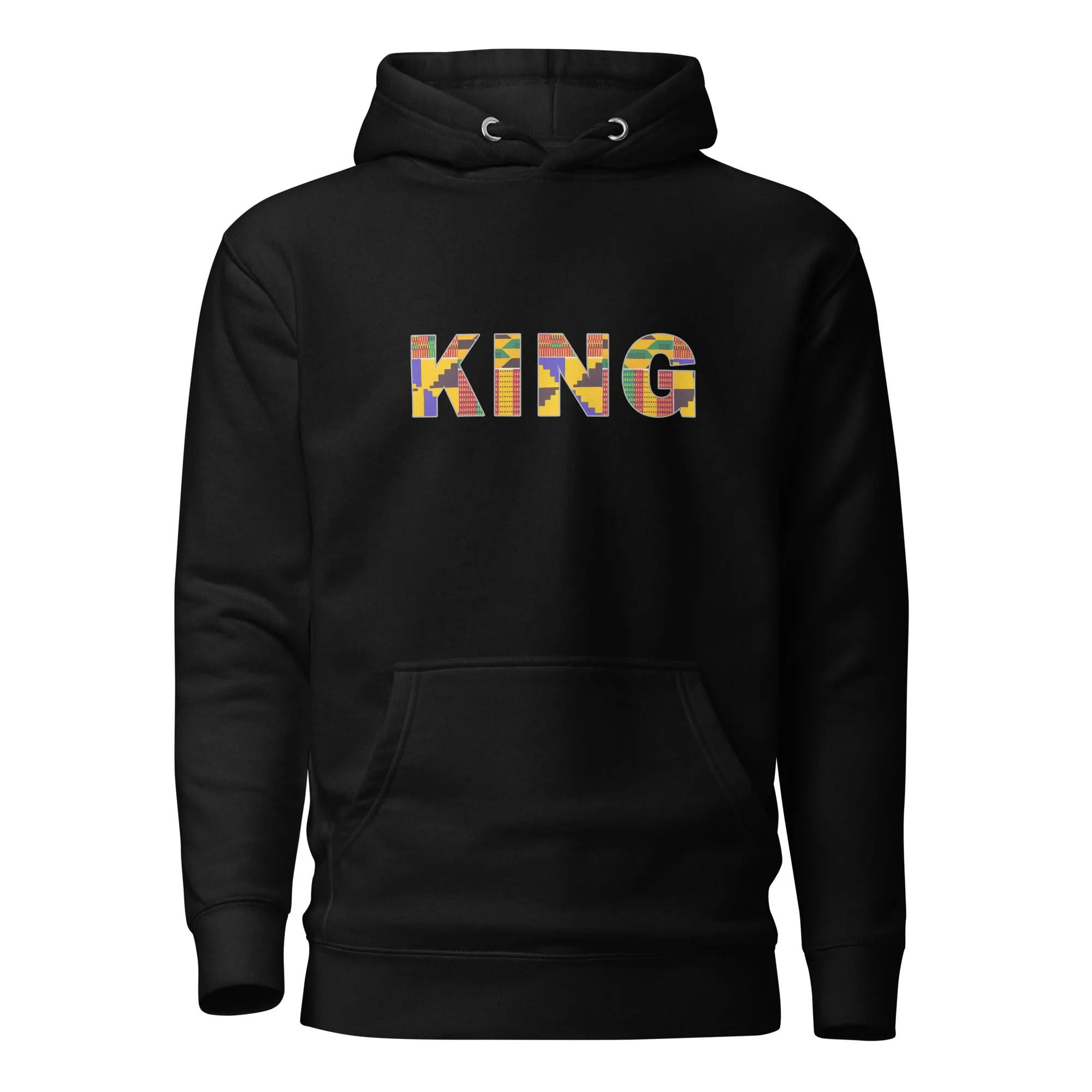 Sweat à capuche - Unisexe - KING en imprimé kente D008 (Hoodie Noir ou Blanc)