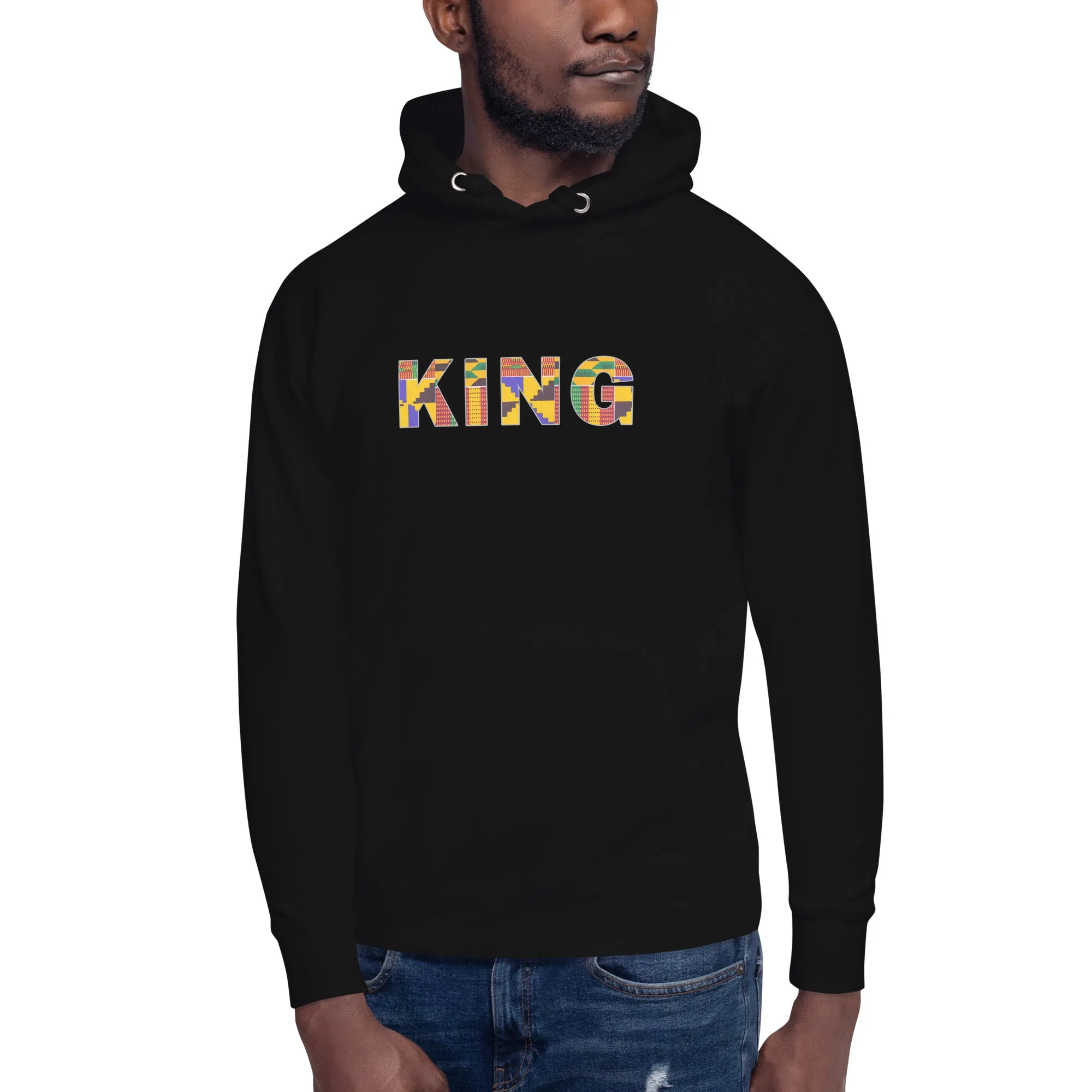 Sweat à capuche - Unisexe - KING en imprimé kente D008 (Hoodie Noir ou Blanc)