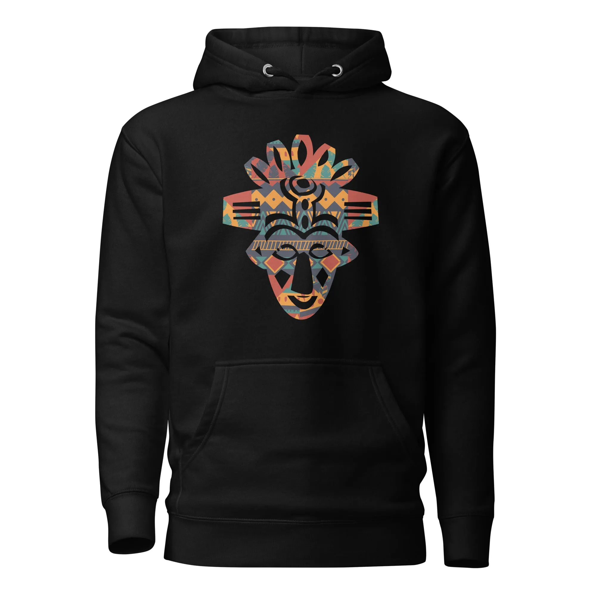 Sweat à capuche - Unisexe - Masque africain en imprimé coloré D027 (Hoodie en Noir ou Blanc)