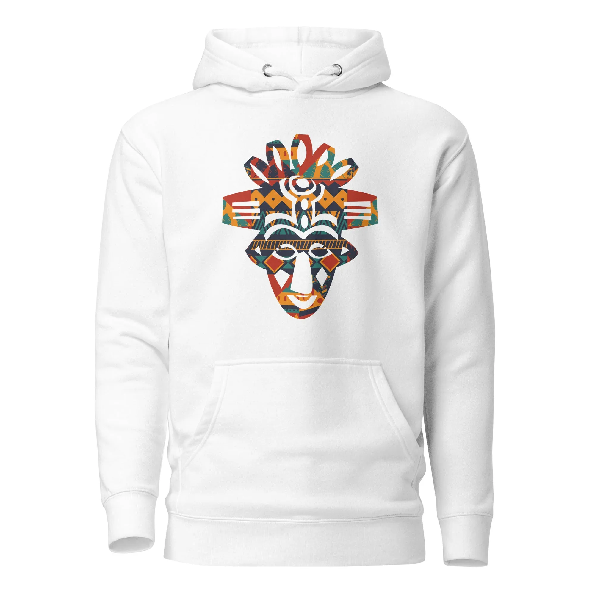 Sweat à capuche - Unisexe - Masque africain en imprimé coloré D027 (Hoodie en Noir ou Blanc)